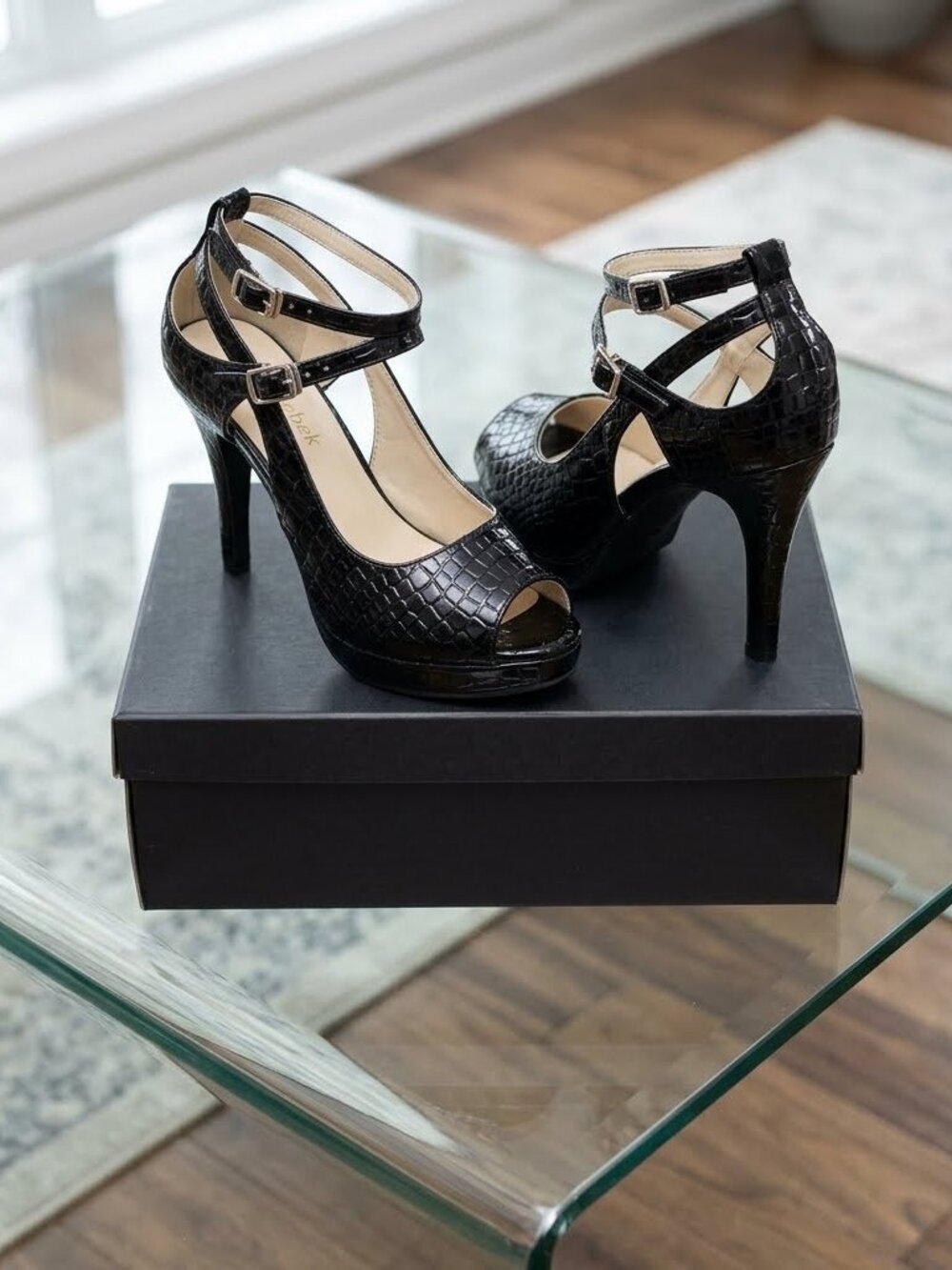 Black Crocodile Ankle Strap High Heel Dress Sandals